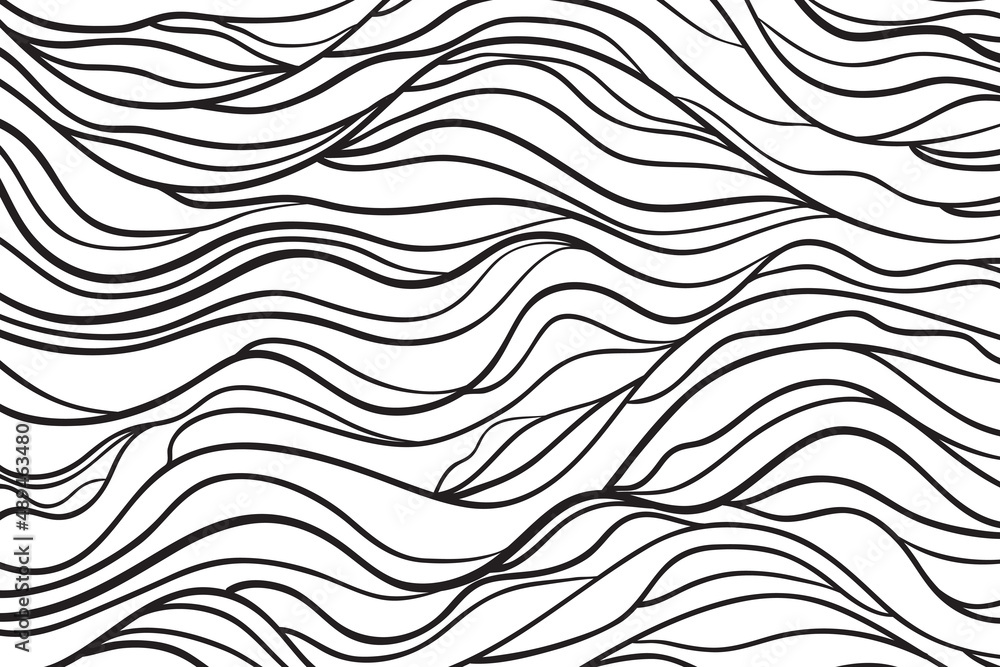 Wall mural Wavy background. Hand drawn waves. Stripe texture with many lines. Waved pattern. Black and white illustration for banners, flyers or posters