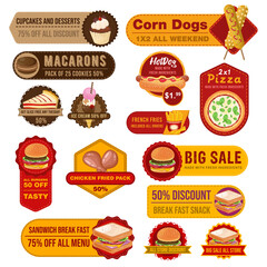 Set of labels and stickers concept graphic fast food style vector