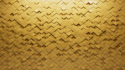 Polished, Semigloss Mosaic Tiles arranged in the shape of a wall. Orange, Arabesque, Bricks stacked to create a 3D block background. 3D Render