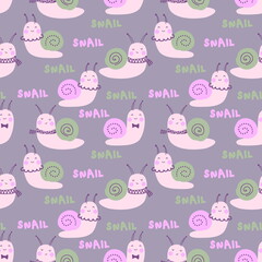Doodle seamless pattern with snails and text. Perfect for T-shirt, greeting card, poster, textile and print. Hand drawn illustration for decor and design.