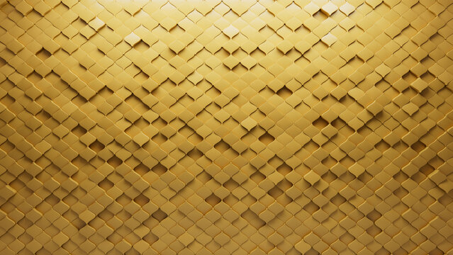 Fototapeta Polished, Semigloss Mosaic Tiles arranged in the shape of a wall. Orange, Arabesque, Bricks stacked to create a 3D block background. 3D Render