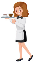 A young waitress serving food white background