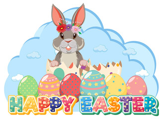 Happy Easter design with bunny and eggs