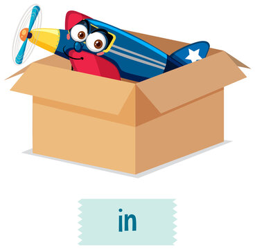 Preposition wordcard with airplane in box