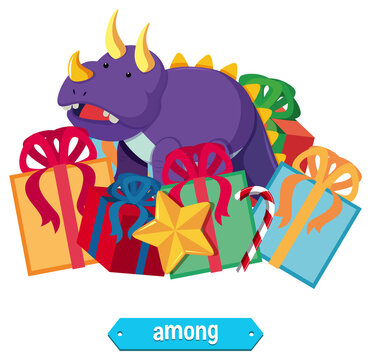 Preposition wordcard with dinosaur and present