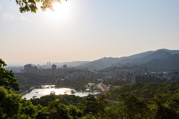Sunset aerial view of the beautiful Arch Bridge at Taipei