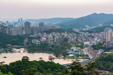 Sunset aerial view of the beautiful Arch Bridge at Taipei