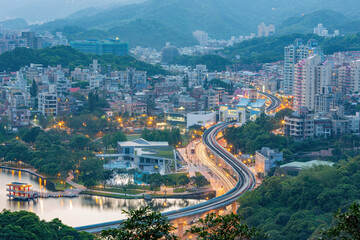 Night aerial view of the beautiful Arch Bridge at Taipei