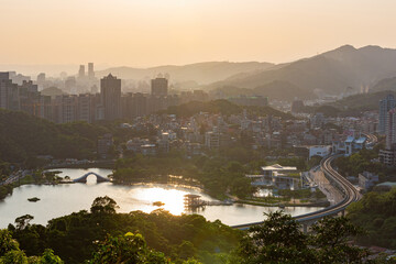 Sunset aerial view of the beautiful Arch Bridge at Taipei