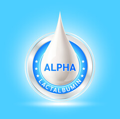 Alpha lactalbumin nutrients omega 3 and vitamin. Whey protein containing essential amino acids for infant. Design logo products for kids food. Benefits of food improving heart, eyes, brain. Vector. - obrazy, fototapety, plakaty