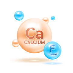 Electron for Minerals Calcium, fluorine and vitamin. Therapy helps maintain tooth, strong bone. Medical scientific and healthcare concept. 3D Vector EPS10 illustration.
