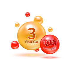 Essential vitamins and minerals for humans. Omega 3 and coenzyme Q10 help skin care antioxidant, Normalization of cardiac activity.  Cardiovascular system medical concept. Vector EPS10.