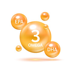 Fish oil omega 3 Nutrients DHA and EPA Shining orange. Benefits of pills improving mental, heart. Supplemental eyes, bones health and lower cholesterol level. 3D Vector EPS10.