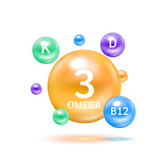 Fish oil omega 3 orange and Vitamin B12, D, K colorful balls. Benefits of pills improving mental, heart, eyes, bones health and lower cholesterol level. Healthy food supplement. 3D Vector EPS10.
