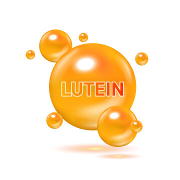 Lutein, Food for good vision and healthy eyes. Selection of products to help improve eyesight. Medical scientific and healthcare concept. 3D Vector EPS10 illustration.