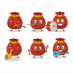 Cartoon character of red bag playing some musical instruments