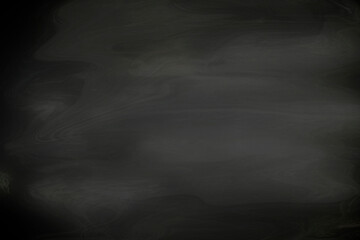 Chalkboard or black board texture abstract background with grunge dirt white chalk rubbed out on blank black billboard wall