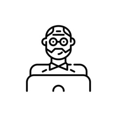 Grandpa using a laptop. Senior adult working or browsing internet. Pixel perfect, editable stroke icon