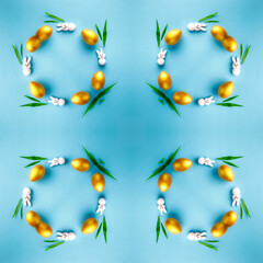 abstract background of kaleidoscope frame. yellow easter eggs wreath on blue fractal mandala. abstract kaleidoscopic 4 square arabesque. geometrical ornament. happy easter pattern, copy space