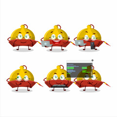 Yellow chinese traditional hat Programmer cute cartoon character with