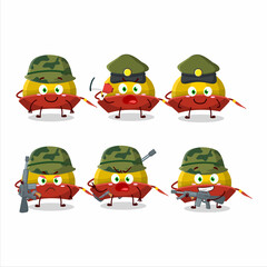 A charming soldier yellow chinese traditional hat cartoon picture bring a gun machine