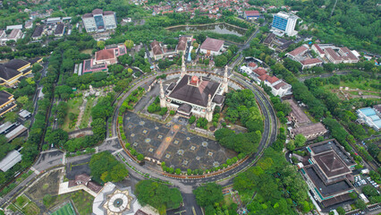 Aerial view of Al Bantani mosque in serang. Top view of the mosque forest. Banten, Indonesia, February 26, 2022