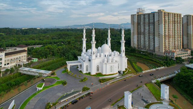Aerial view of At-Thohir Mosque panorama view Largest Mosque in Depok Place to visit in Indonesia. Depok, Indonesia, February 26, 2022