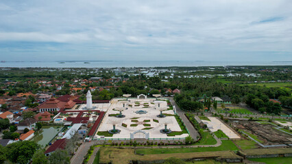 Aerial view of Grand mosque in Banten. Top view of the mosque forest. Serang, Indonesia, February 26, 2022