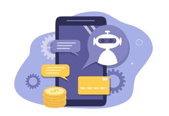 vector hand drawn illustration in flat style on the theme online banking - smartphone with chatbot, a stack of coins and a credit card