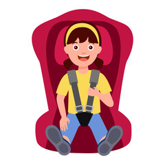Cute girl kids sitting in car seat in flat design on white background. Child safety car seat concept vector illustration.