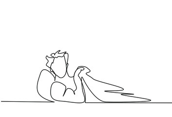 frightened person in bed pulling duvet over head looking around