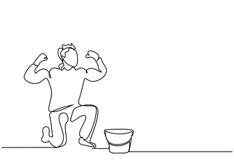 happy cleaning man posing with cleaning clothes and supplies