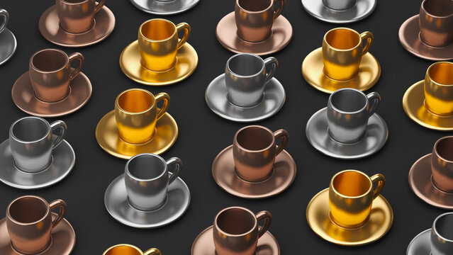 Large group of metallic coffee cups, 3d illustration