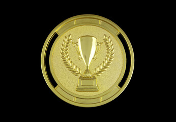 Gold medal with champion trophy cup isolated on black background