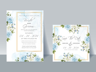 Hand drawing blue roses wedding invitation card