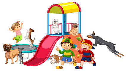 Children playing with their dogs at playground