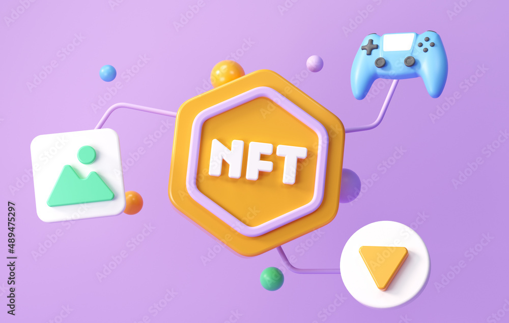 Poster nft non-fungible token with types of nft data of digital files, 3d nft icon symbol. 3d render illust