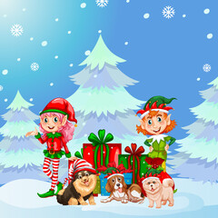 Obraz na płótnie Canvas Christmas poster design with two elves and dogs on snowy background