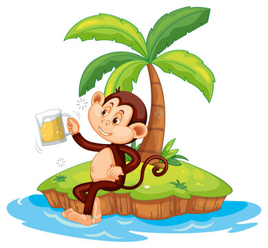 Drunk monkey cartoon character on isolated island