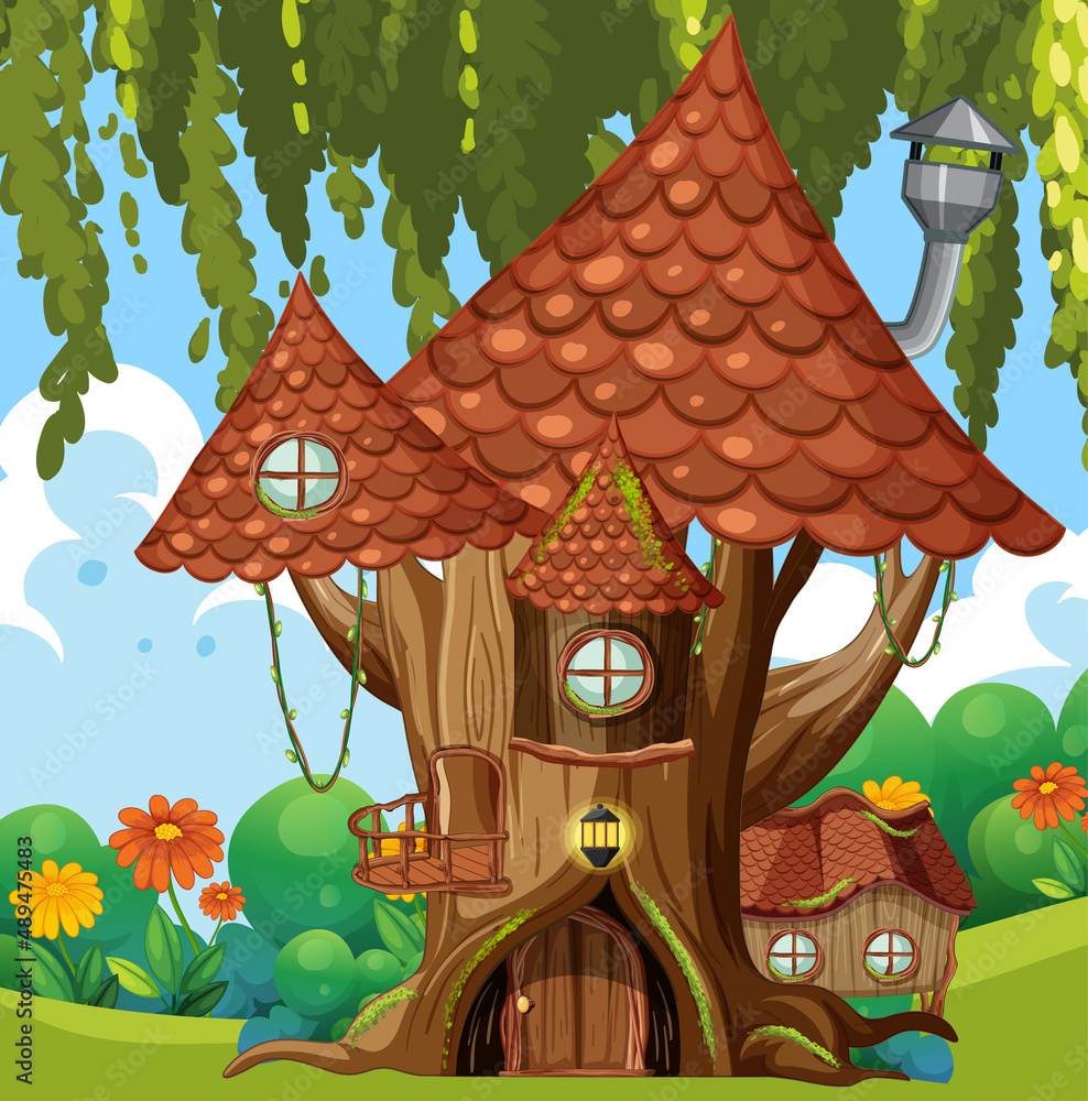 Wall mural fairy tree house in the forest scene