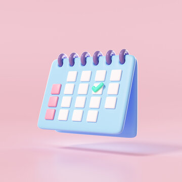 Minimal 3d calendar icon on pink background. 3d rendering