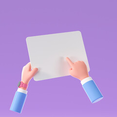 Hand using tablet mockup, 3D Cartoon hand holding tablet, paper mockup isolated background. 3d render illustration