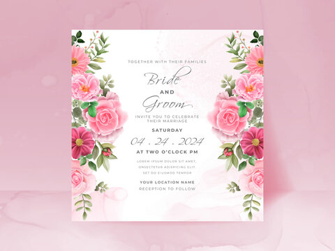 wedding invitation card set with beautiful pink flowers design
