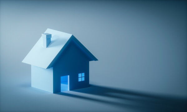 Light through an empty House on dark blue background. House finding, renting business concept. 3d rendering