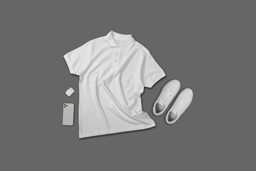 White polo shirt with flat lay creative concept