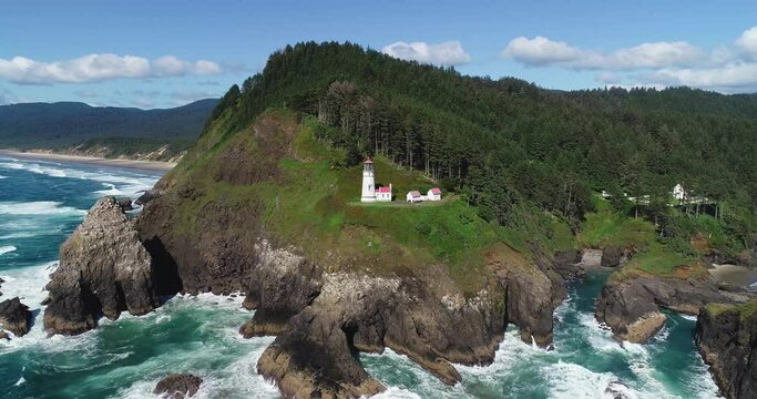 Aerial drone video of Heceta Head Lighthouse near Florence, Oregon.