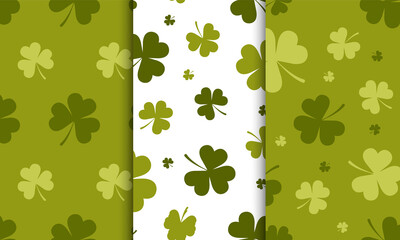 Set of Patrick day seamless patterns with shamrock. Cute festive backgrounds for irish holiday. Vector illustration in flat cartoon style. Perfect for fabric, package paper, wallpaper, greeting cards.