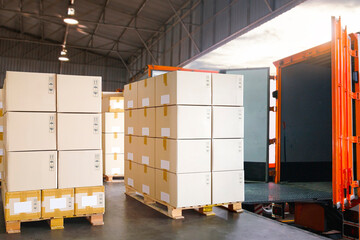 Packaging Boxes Stacked on Pallets Loading into Shipping Cargo Container. Delivery Trucks Parked Loading at Dock Warehouse. Supply Chain Customers Shipment Logistics. Cargo Freight Truck Transport