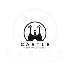 castle crown logo line art vector illustration design minimalist modern. architecture creative outdoor nature monoline outline linear simple building construction kingdom royal empire