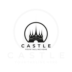 castle crown logo line art vector illustration design minimalist modern. architecture creative outdoor nature monoline outline linear simple building construction kingdom royal empire